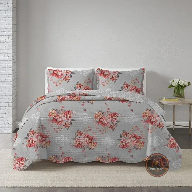 Kit Colcha Cobre Leito Queen 3 Peças Estampada