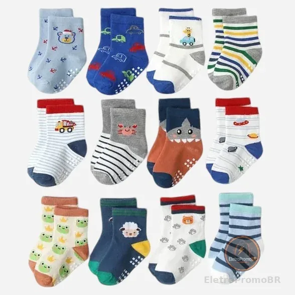 Kit 6 e 12 Pares de Meias Masculino para Recém Nascidos e Bebê Menino c/ Antiderrapante