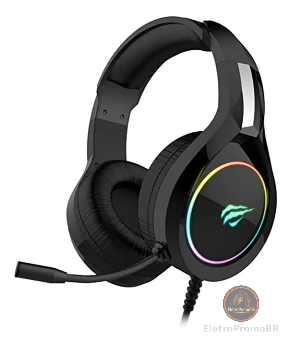 Havit Headphone Fone de Ouvido H2232d, Gamer, Iluminação RGB, com Microfone, Falante de 50mm, Conector 3.5mm, HAVIT, HV-H2232d, Cabo USB para Iluminação