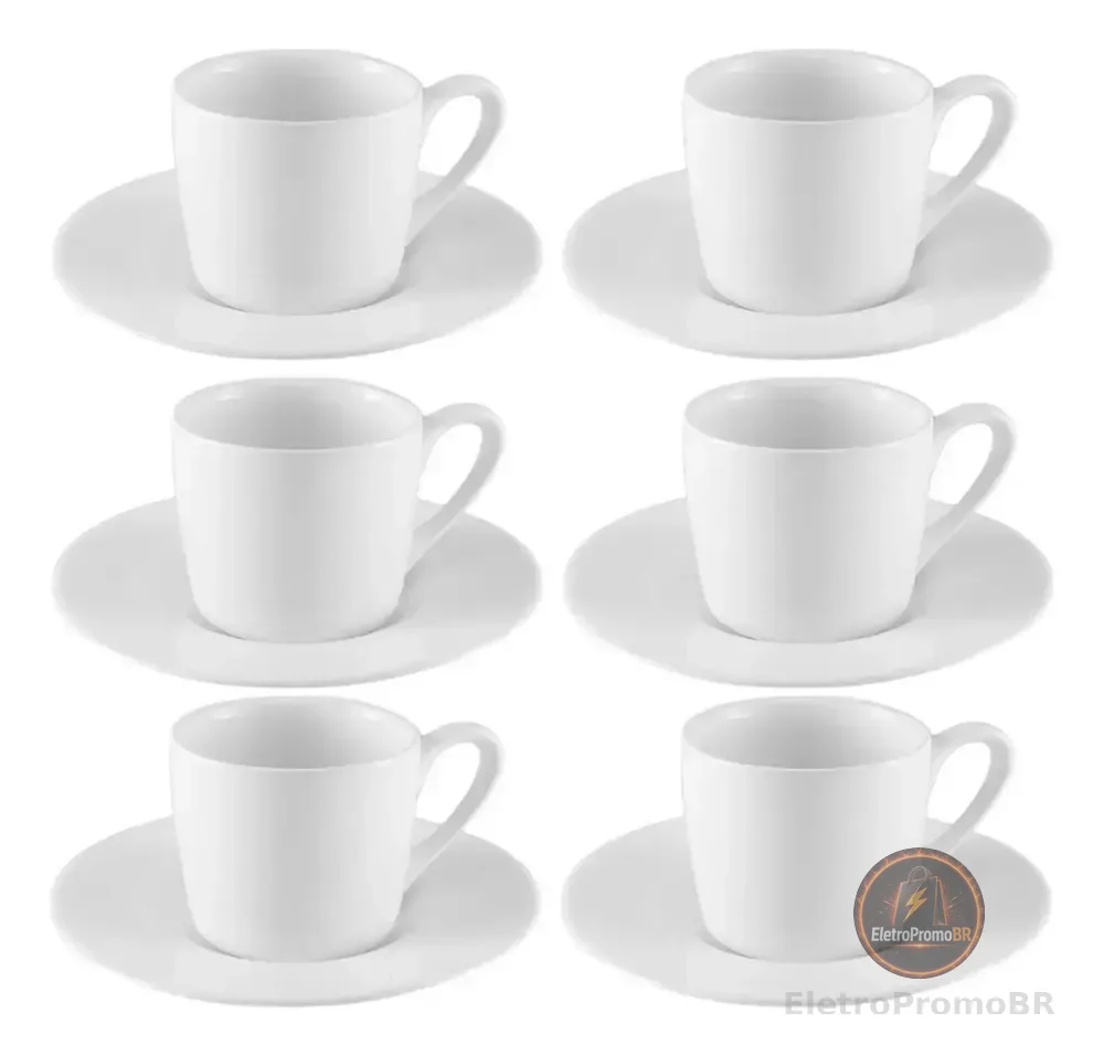 Jogo Xícaras Café Com Pires Porcelana Branca 12 Peças