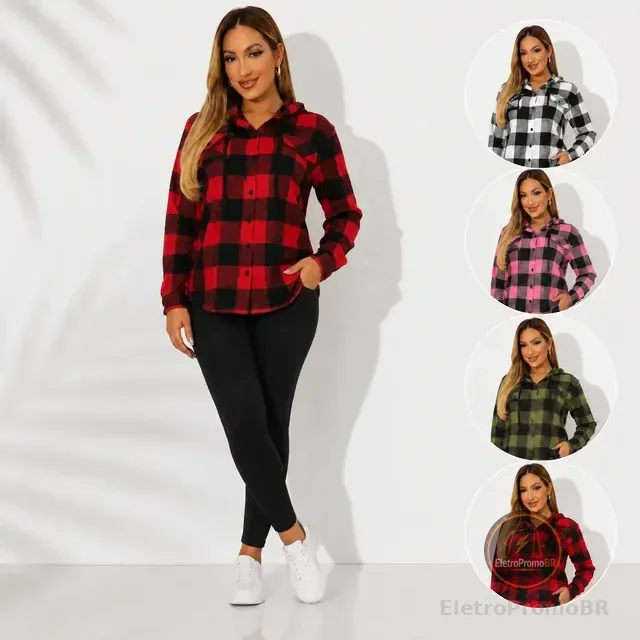 Camisa Xadrez Blusa Country Flanelada Moda Feminina C/ Touca