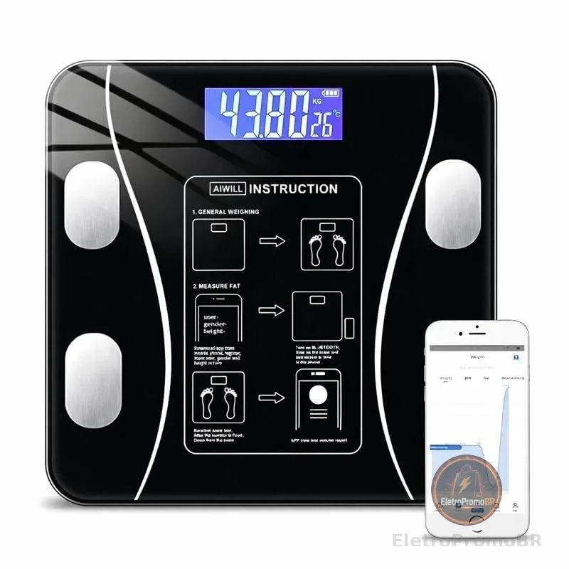 Balança Digital Bioimpedância Premium Bluetooth com App Saúde iOS Android para IMC Gordura Corporal Massa Muscular Massa Óssea Água Corporal Taxa Metabólica BMR Alta Precisão Vidro Temperado LED Luxo