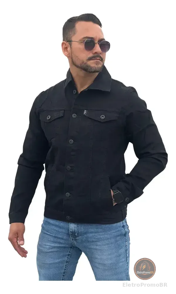 Jaqueta Jeans Masculina Sarja Bolsos Funcionais Resistente Preto P