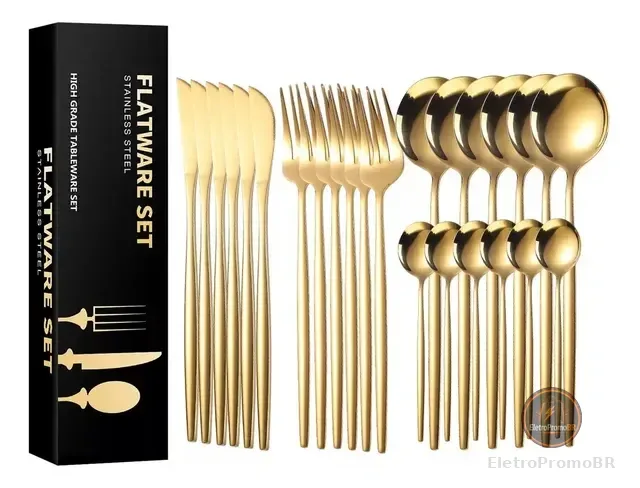 Kit 24 Peças Jogo De Talheres Dourados Aço Inoxidável 416