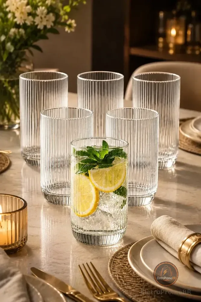 Copo de Vidro Canelado 400ml para Mesa Posta e Drinks, Pack com 6