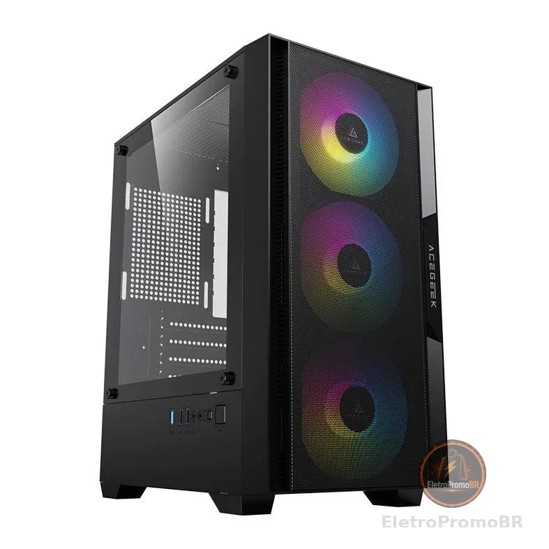 Gabinete Gamer Acegeek Stratus Mesh, Rainbow, Mid-Tower, Com 3 Fans, Preto, AG-STRATUS-MESH-BK-I3F