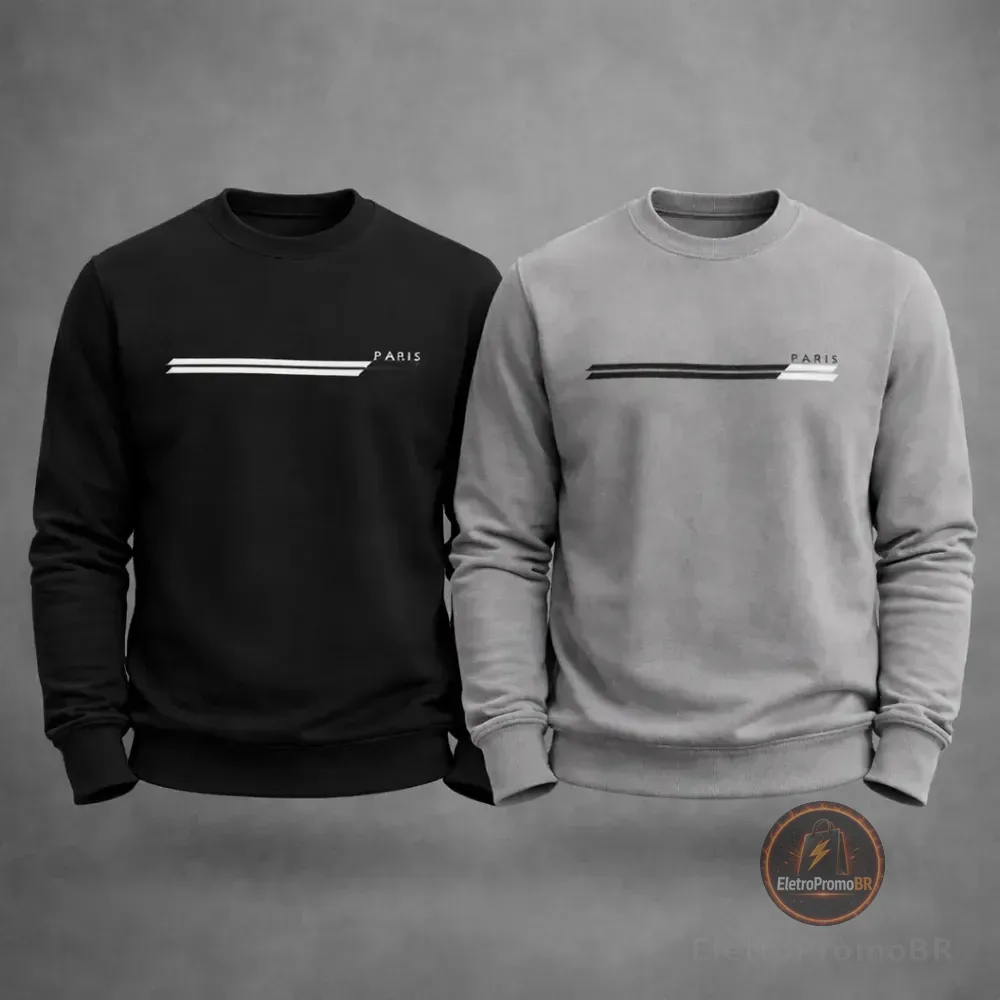 Kit 2 Moletons Careca Paris Flanelado Premium Diversas Cores G Preto + Cinza