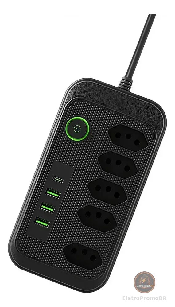 Extensão 5 Tomadas E 3 Usb 1 Pd Led Bivolt Power 110v/220v Preto 127/220v