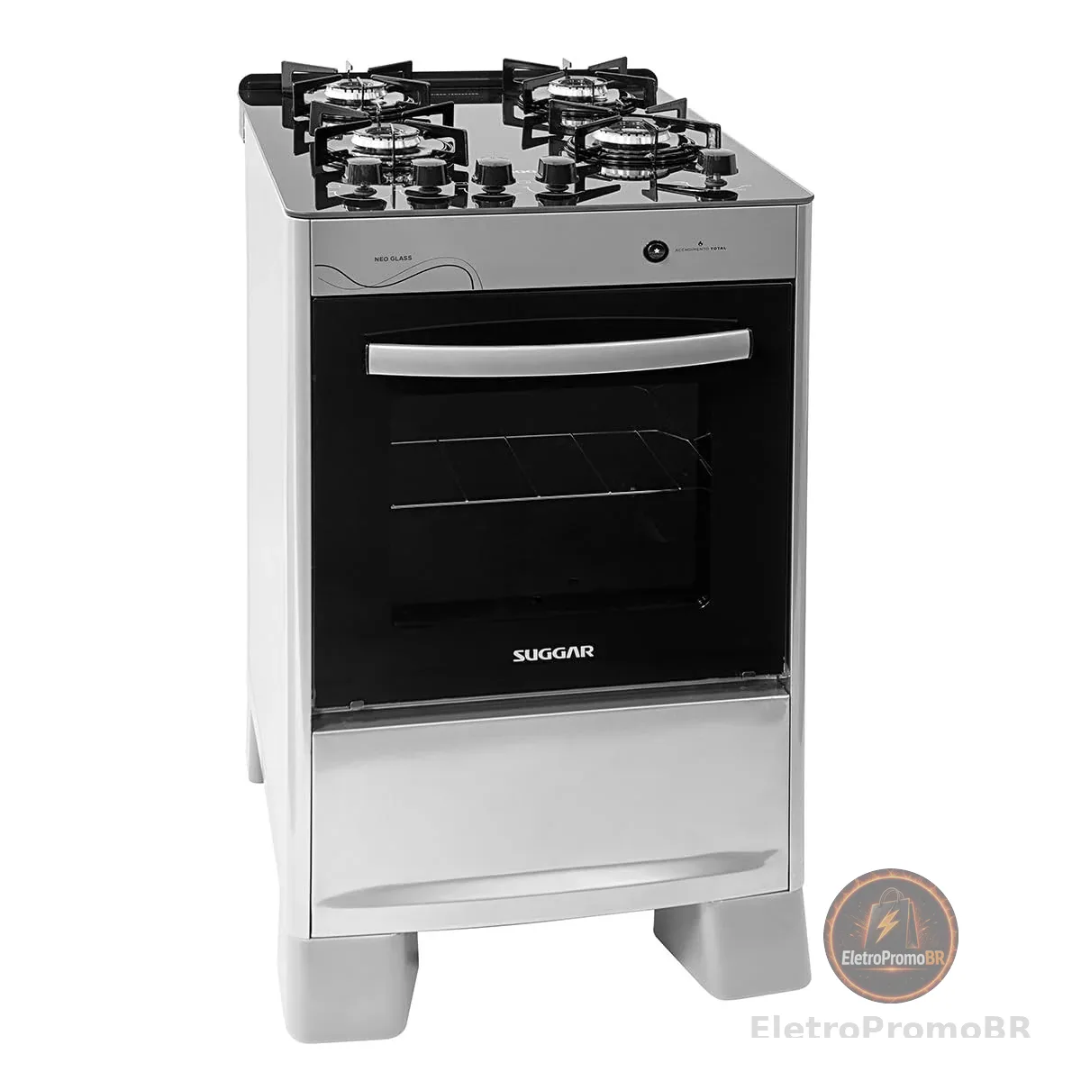 SUGGAR FOGÃO NEO GLASS PRATA MESA DE VIDRO 4 BOCAS TREMPE 6 APOIOS ACENDIMENTO AUTOMÁTICO FGVNG410PRIX