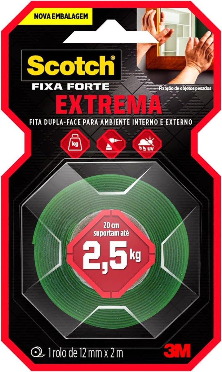 Scotch, 3M, Fixa Forte, Fita Dupla Face, Fixação Extrema, 12mm x 2m