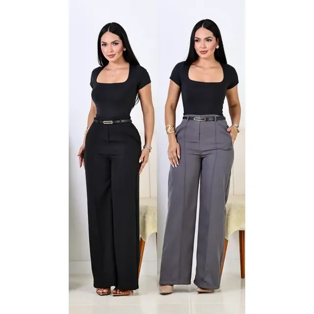 Kit 2 Calça Pantalona Feminina Alfaiataria Elegante C/ Cinto
