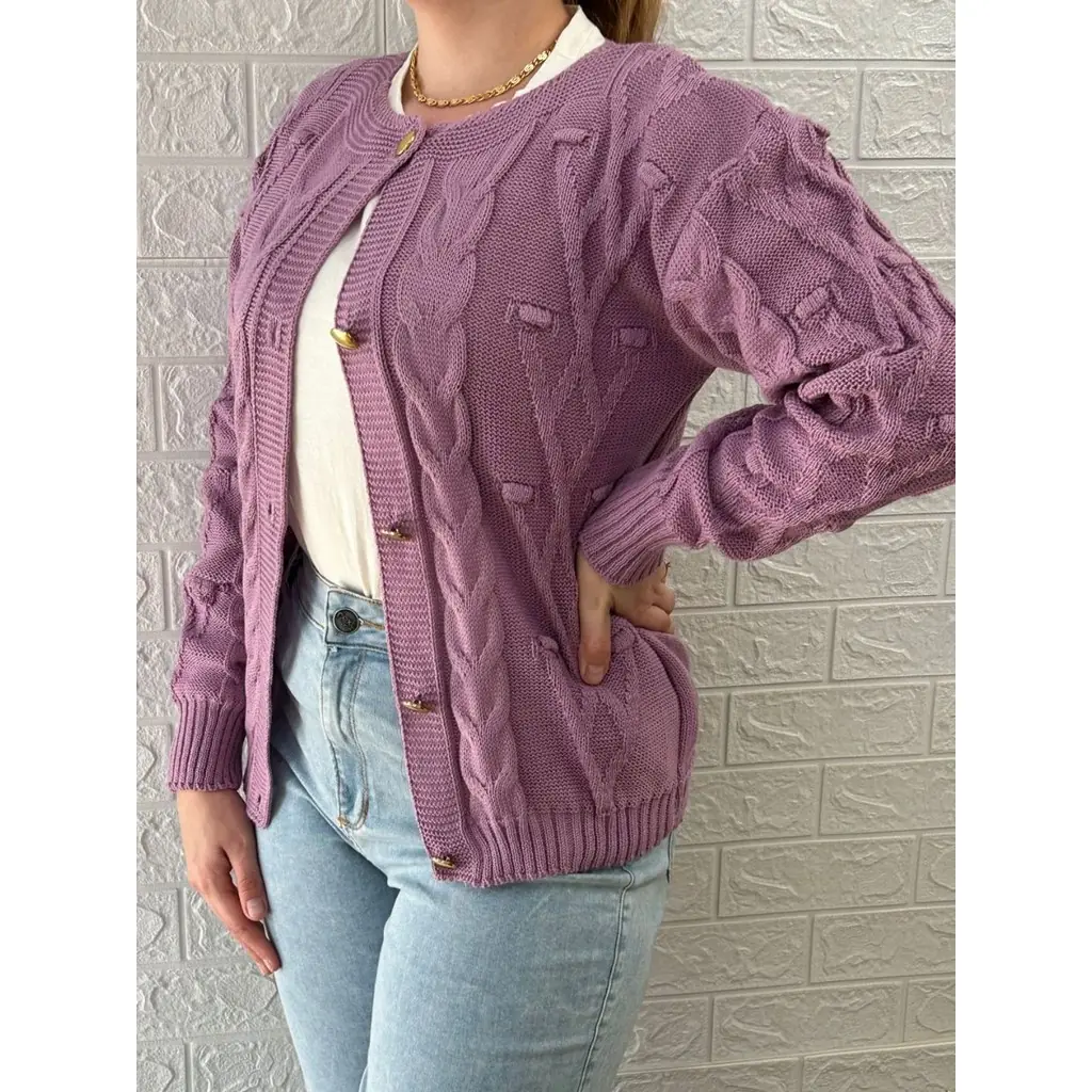 Casaco Feminino Tricot Cardigan Pompom e Tranças com Botões Dourados Casaco de Inverno Roupa de Frio
