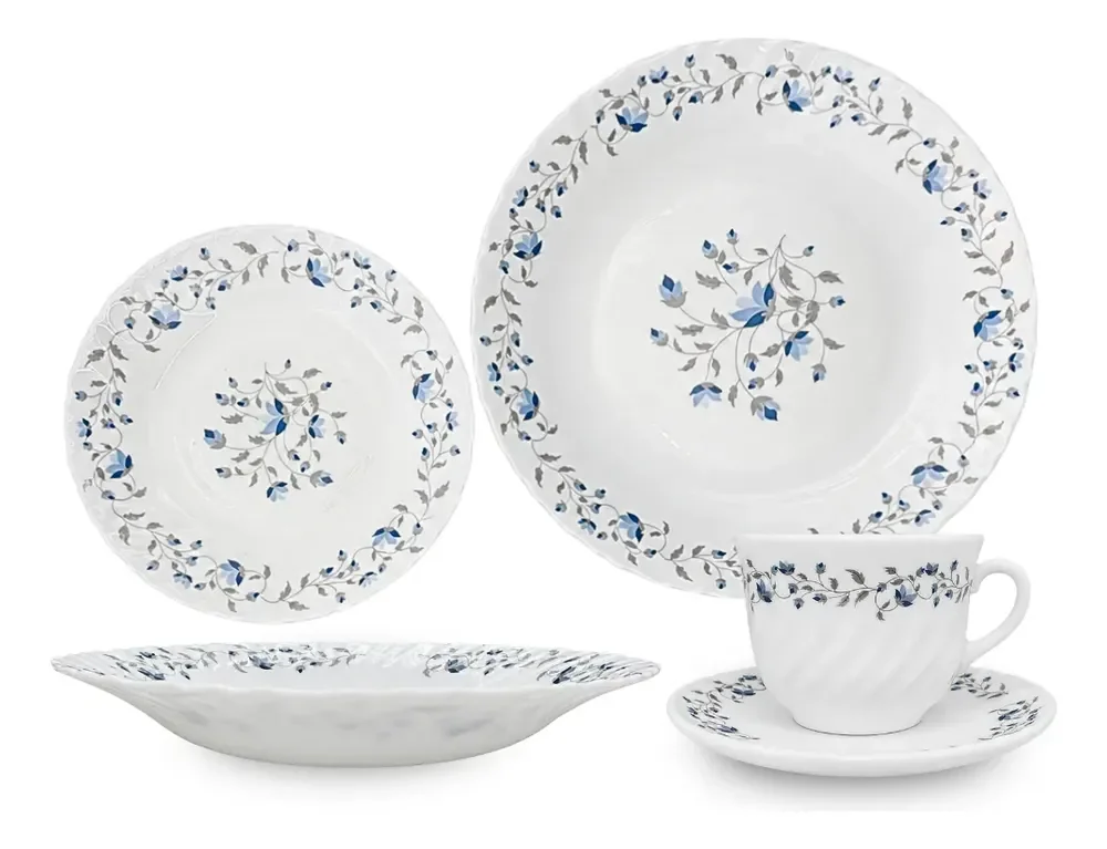 Aparelho De Jantar 20 Peças Vidro Opaline Para Mesa Posta Branco Floral