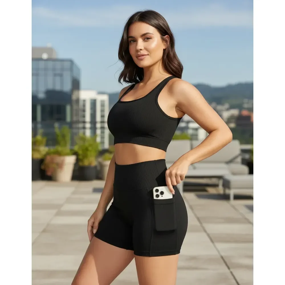 Conjunto Fitness Feminino Shorts E Top Academia Poliamida Preto Liso M (38-40)