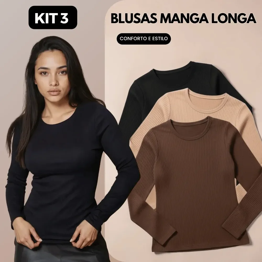 Kit 3 Blusas Manga Longa Segunda Pele Canelada Básica Casual Preto, Marrom E Nude M/g (36/42)