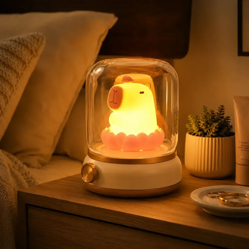 Abajur Capivara Cúpula Vidro Luz Regulável Recarregável Casa Amarelo 36v