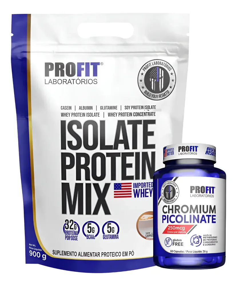 Kit Whey Isolate Protein Mix + Picolinato De Cromo Profit Morango 900g | Picolinato De Cromo 60 Cápsulas