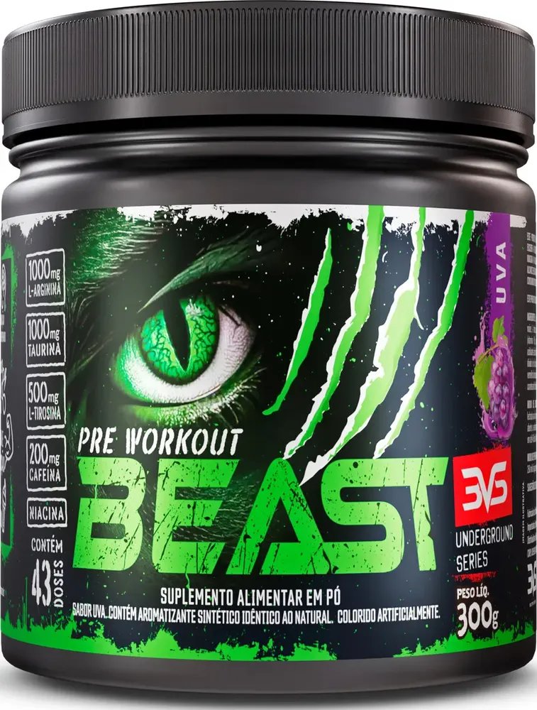 Pré-treino Beast 300g Sabor: Uva - Ultra Concentrado - Promove Vasodilatação, Recuperação Energética, Aumento De Óxido Nítrico, Desintoxicação E Melhora De Concentração E Foco