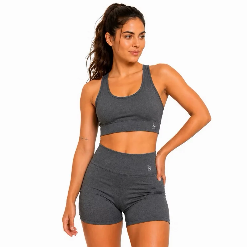 Conjunto Feminino Top + Shorts de Cintura Alta Cor Cinza