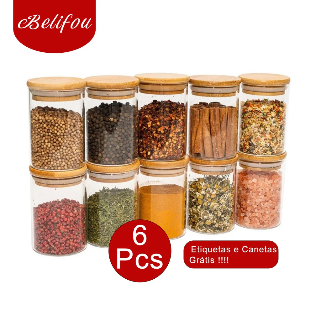 Belifou 200ML Kit 6 Potes Para Alimentos Com Tampa Bambu Potes Vidro Potes Pote De Vidro Selado