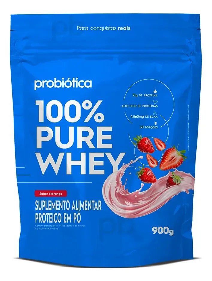100% Pure Whey Refil 900g - Probiótica - Whey Concentrado Sabor Morango