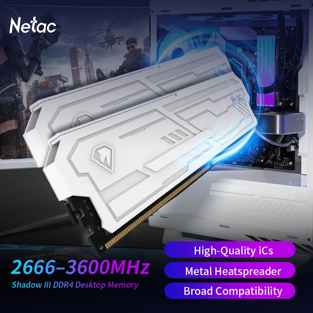 Memória RAM Netac DDR4 8G 16G DDR4 3200MHz 3600MHz 8GX2 16GX2 Shadow Ill UDIMM DDR4 1.35V XMP2.0 com Dissipador de Calor Metálico para Desktop