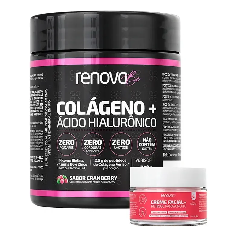 Kit Colágeno Hidrolisado Verisol Renova Be Com Ácido Hialurônico E Creme Facial Cranberry