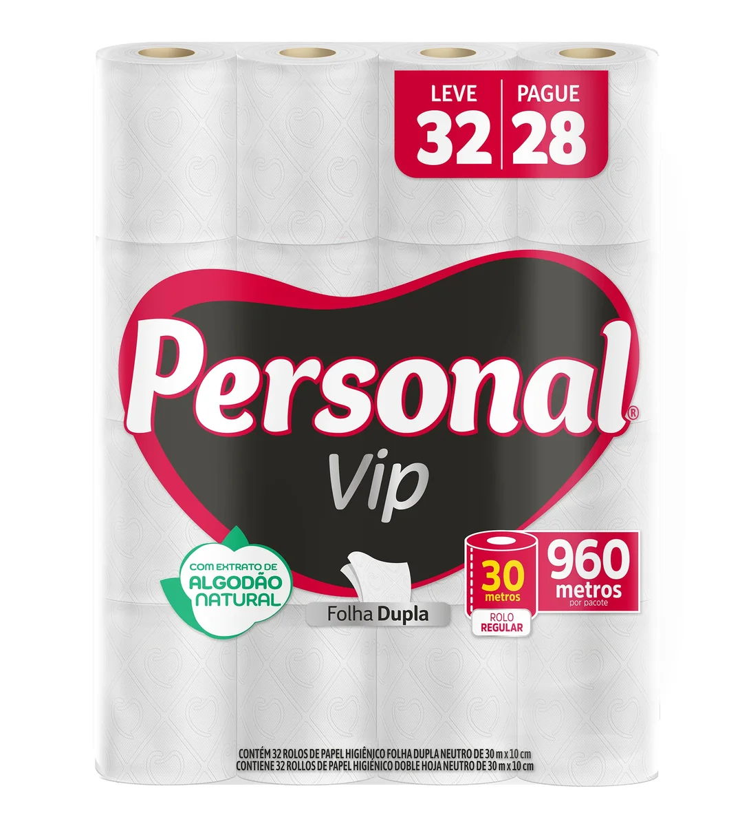 Personal Papel Higiênico VIP Folha Dupla Leve 32 Pague 28 rolos 30M