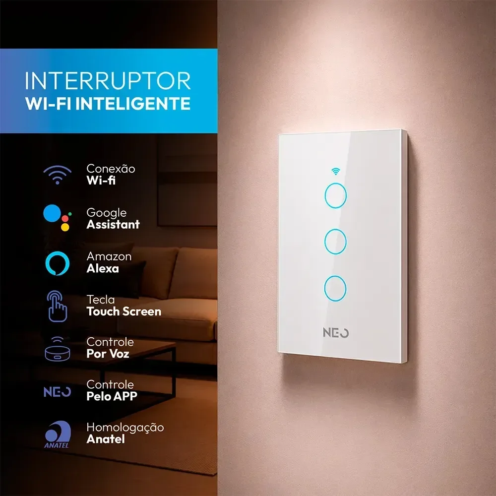 Interruptor Inteligente Smart Wi-fi 2.4 Ghz Alexa Google 3 Botões 4x2 Bivolt Branco Cod: 291990392 Neo Avant Branco 3 127/220v