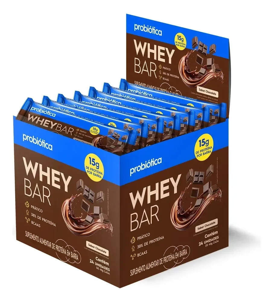 Barra de Proteína 24 Unidades Whey Bar Probiótica Chocolate Alto Proteico