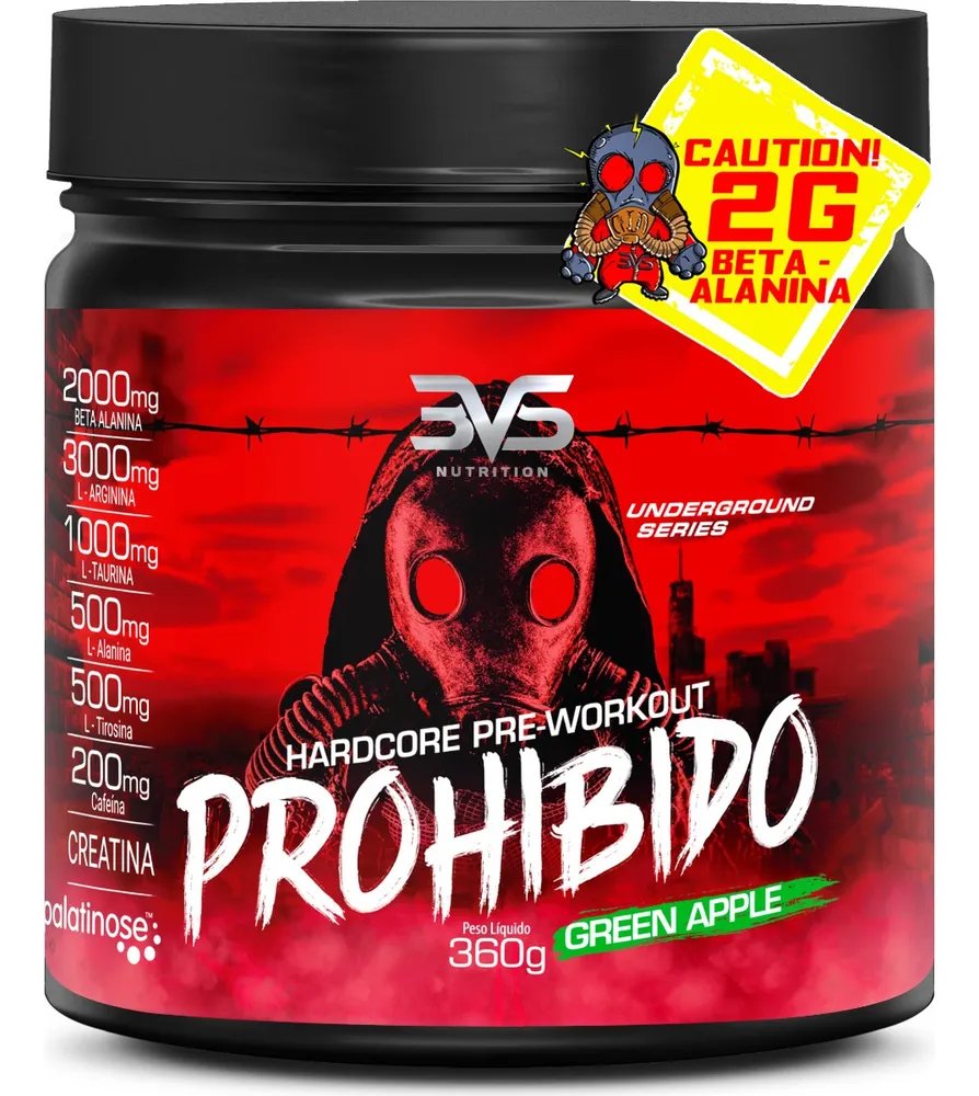 PRÉ TREINO PROHIBIDO 360g - Sabor: Green Apple - Fórmula Exclusiva com 8 ingredientes contendo Creatina, Beta Alanina, Taurina, Cafeína, Arginina, L-Tirosina, Palatinose e L-Alanina
