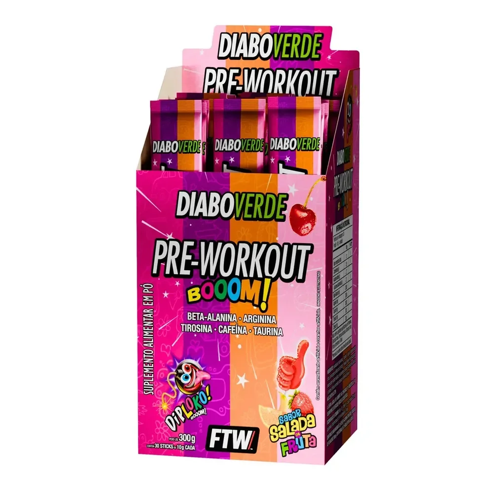 Pré Treino Diabo Verde Diploko Booom Ftw 300g 30 Sticks Sabor Salada De Fruta Cafeína Beta Alanina Energia Foco Salada De Frutas