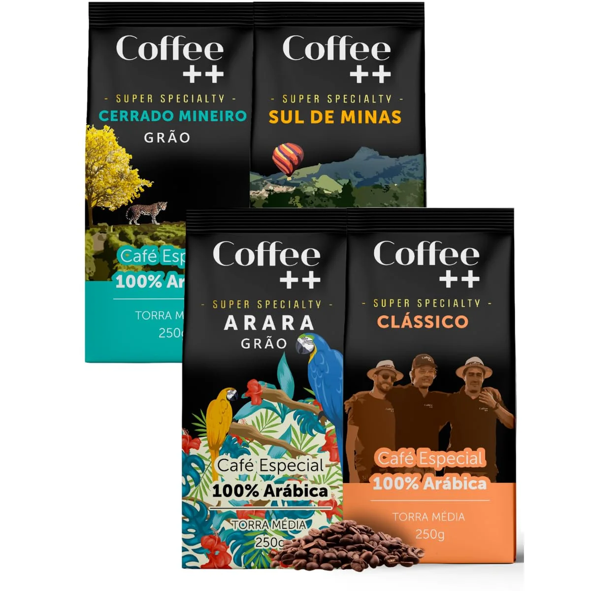 Kit 4 Pacotes Café Especial em Grãos Coffee Mais Variedades: Cerrado Mineiro, Sul de Minas, Arara e Clássico - 100% Arábica (4x250g)