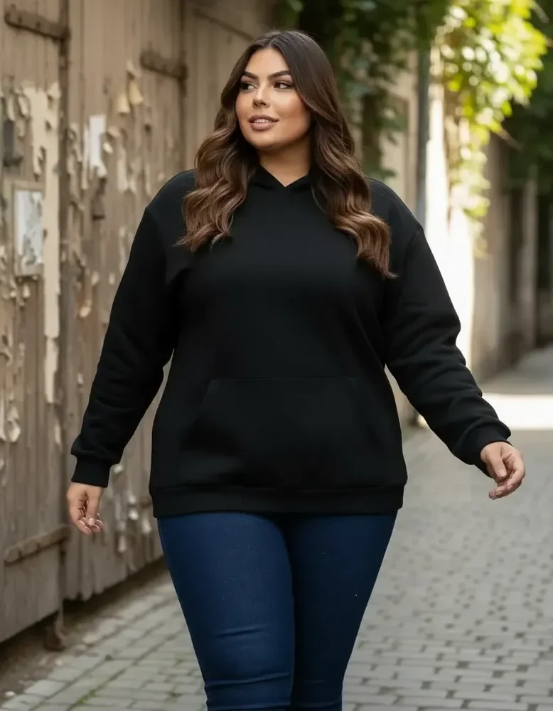 Blusa Moletom Plus Size Capuz Inverno Bolso Cang Flanelado G2 Preto Liso