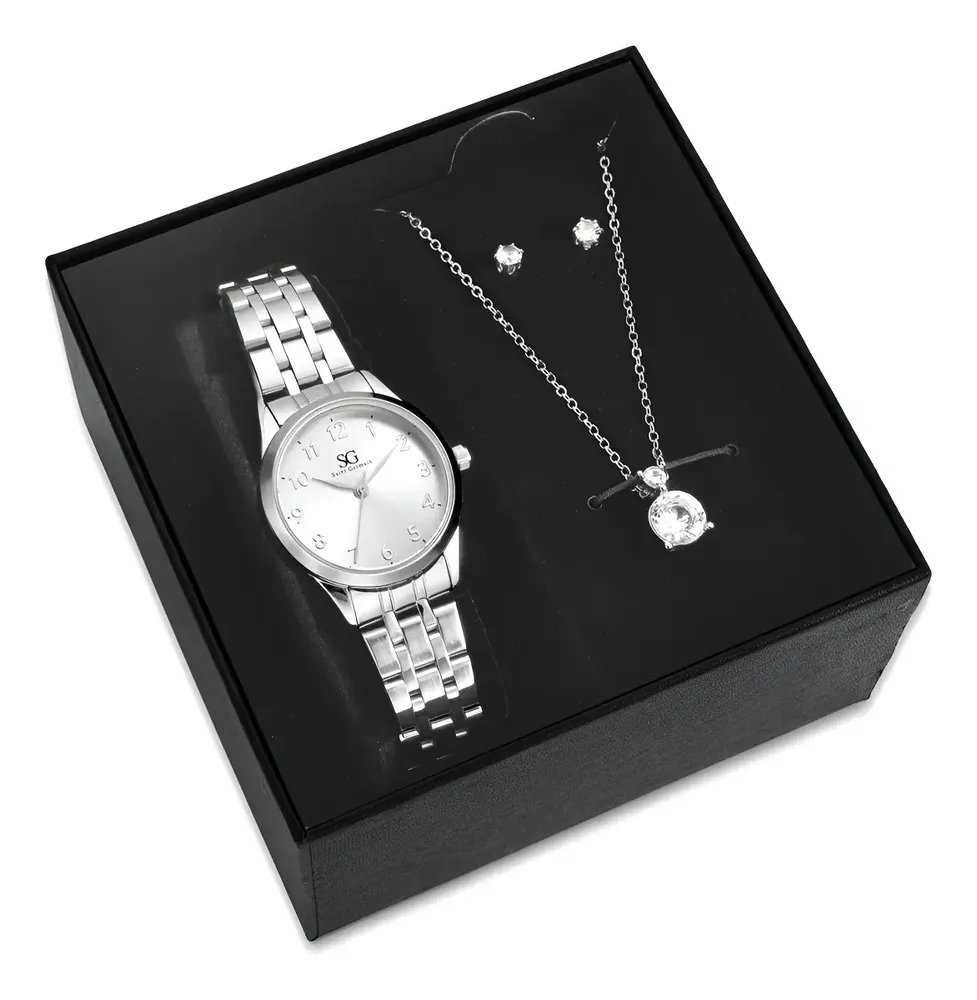 Kit Relógio Colar E Brincos Ponto De Luz Feminino Luxo Silver Saint Germain Presente Original Joias Prata Elegante Clássico 28mm