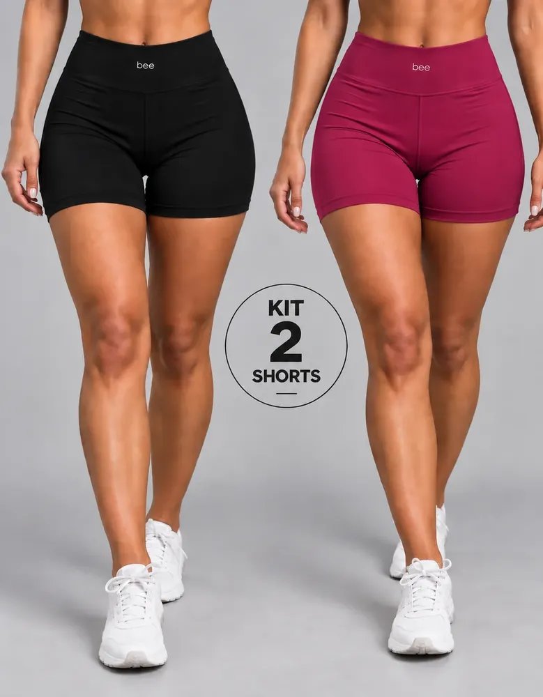 Kit 2 Shorts Fitness Feminino Modelador Cós Alto Compressão Preto E Pink P (36)