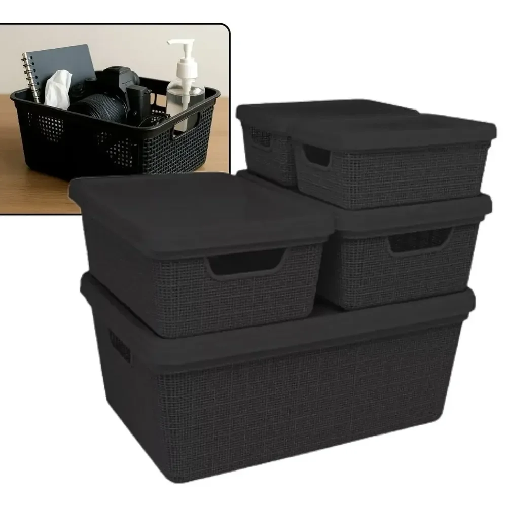 Kit 5 Caixas Organizadoras Cesto Tampa Multiuso 2l 6l 16l Preto Liso