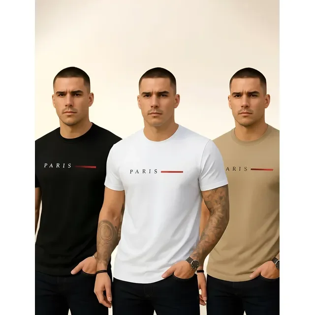Kit 3 Camisetas Paris Masculinas Luxo Camisa Algodão Premium