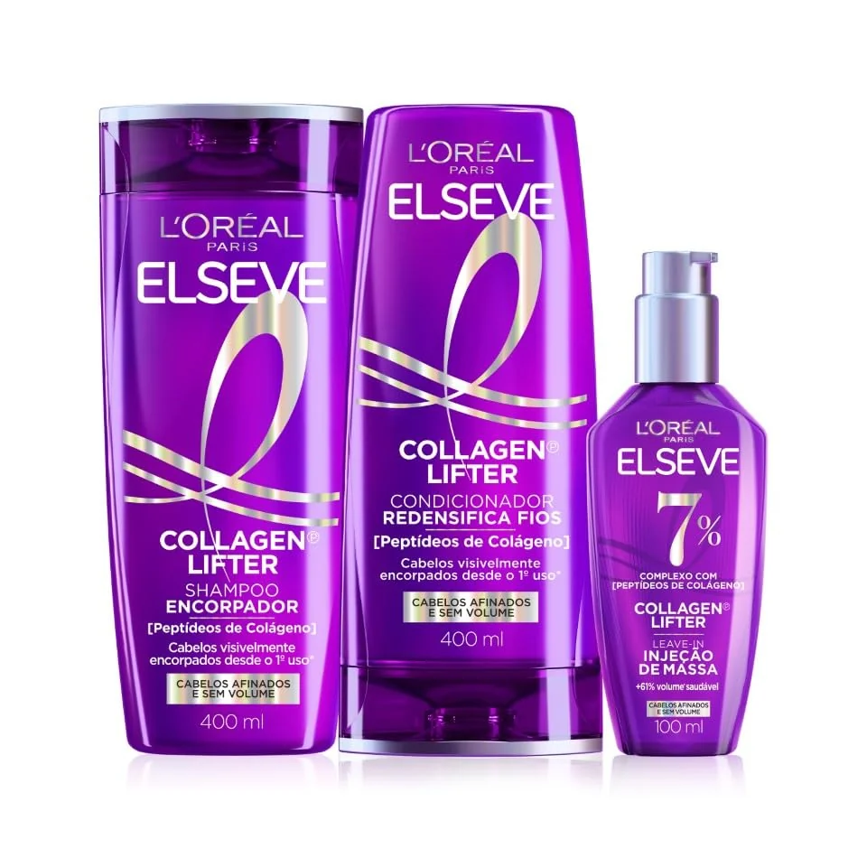 L'Oréal Paris Elseve Collagen Lifter Kit Shampoo, Condicionador e Sérum Leave-in com Peptídeos e Proteção Térmica para Cabelos Finos, Volume em 3D, 400ml + 400ml + 100ml