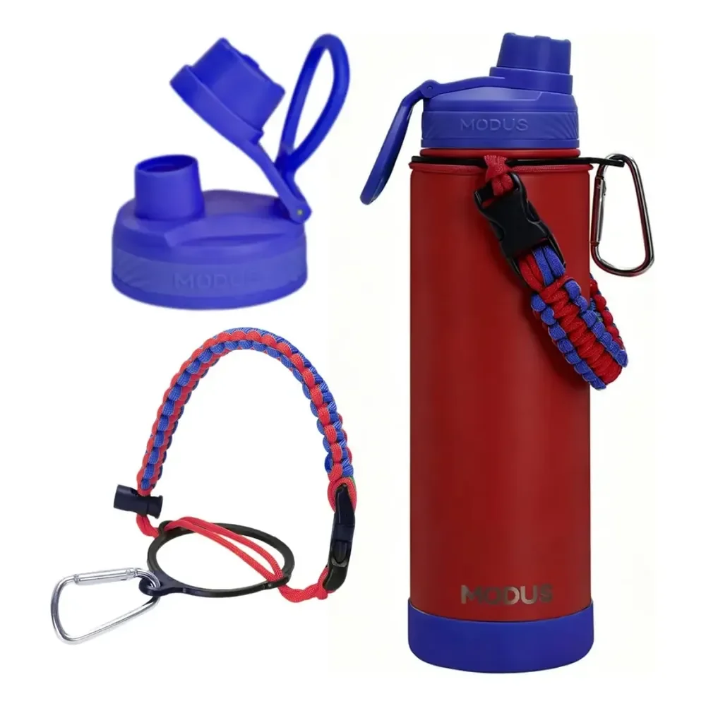 Modus Garrafa Térmica 750ml Aço Inox 304 Com Base De Silicone E Alça Paracord Vermelha