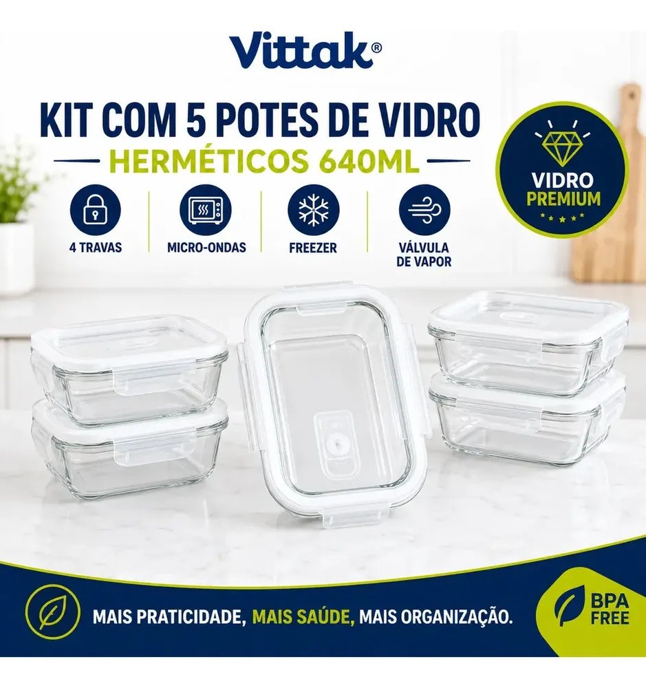 Vittak Kit 5 Potes Vidro Hermético Transparente 640ml Tampa 4 Travas Marmita Microondas Freezer Porta Mantimentos