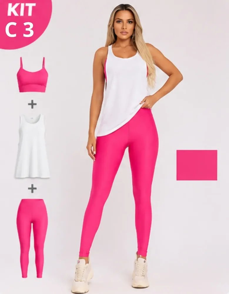 Kit Conjunto Fitnes Feminino Legging + Top + Regata Academia Rosa Pink M