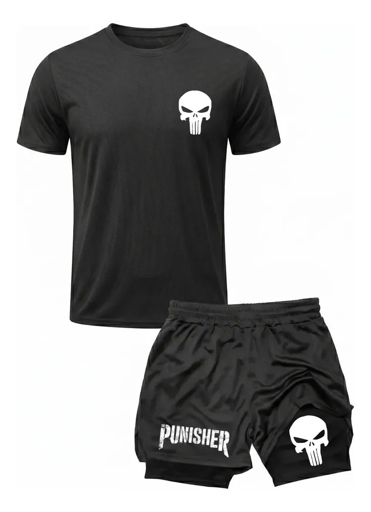 Kit Academia Treino Camiseta Dry Fit + Short 2 Em 1 Punisher Preto G