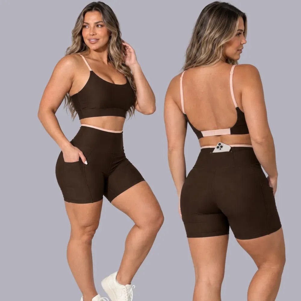 Conjunto Academia Fitness Top E Short Kit Zero Transparência Marrom/areia Liso Gg 42/44