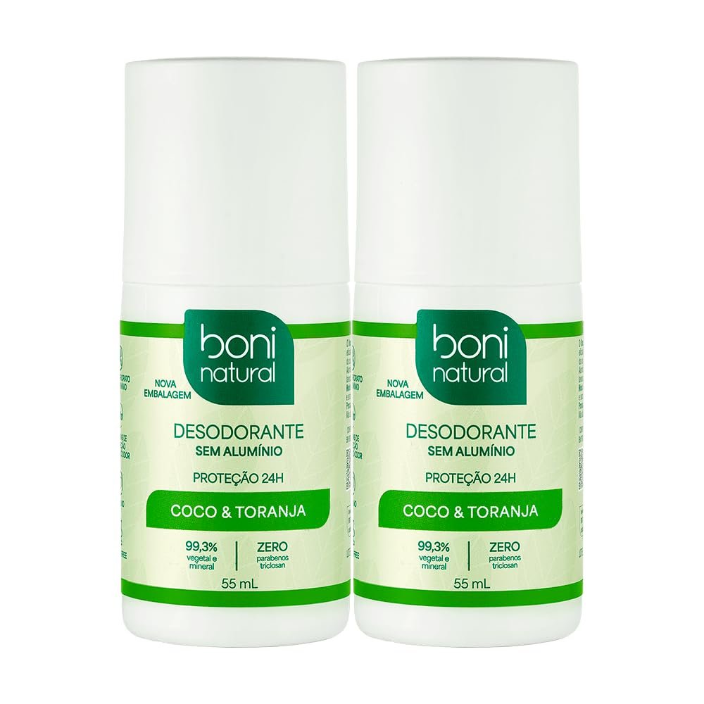 BONI NATURAL - Desodorante Roll-On sem Alumínio, Natural, Vegetal e Vegano, Coco e Toranja, 55ml, 2 unidades Leve Mais Pague Menos