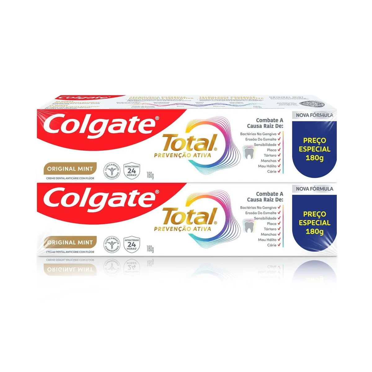 Colgate Creme Dental Total Original Mint 2x180g | Prevenção Ativa, Anticárie com Flúor, Combate o Mau Hálito