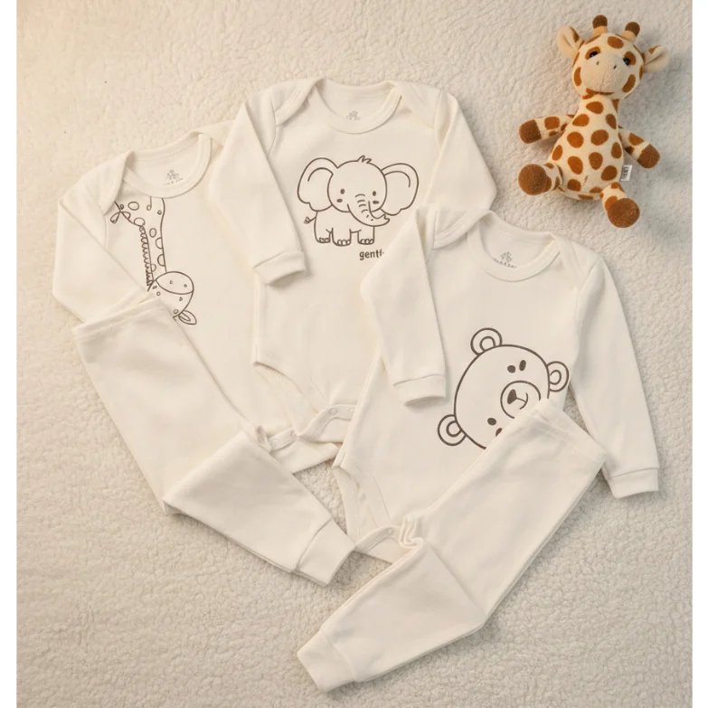 Conjunto Bebê Body + Calça Suedine 100% Algodão Minimalista Coleção Safari Neutro Unissex RN ao GG
