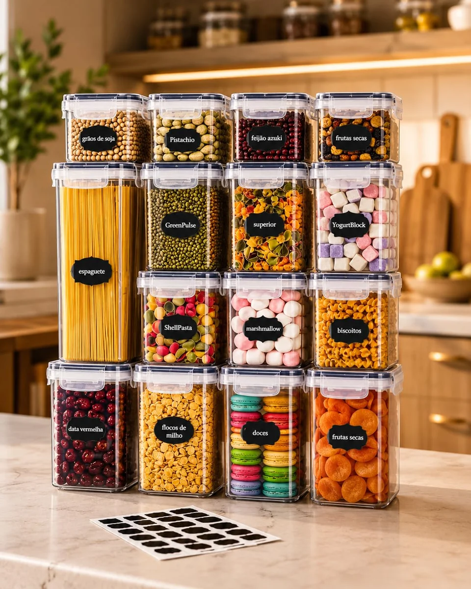 Kit 15 Potes Herméticos para Mantimentos com Etiquetas e Caneta, Organizadores de Despensa Empilháveis, Vedação com Silicone, Recipientes para Cozinha, Armário e Alimentos