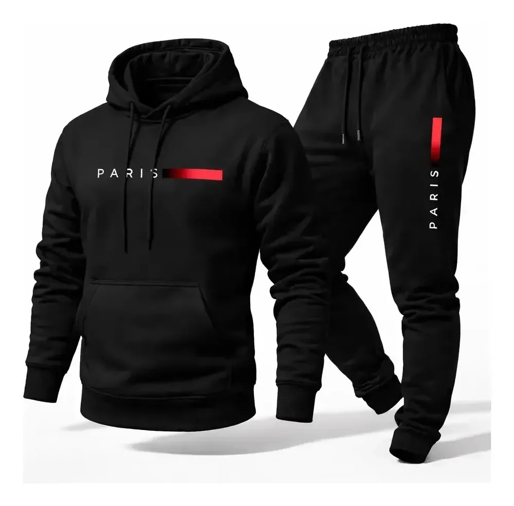 Conjunto Moletom Canguru Com Capuz E Calça Jogger Paris G Preto
