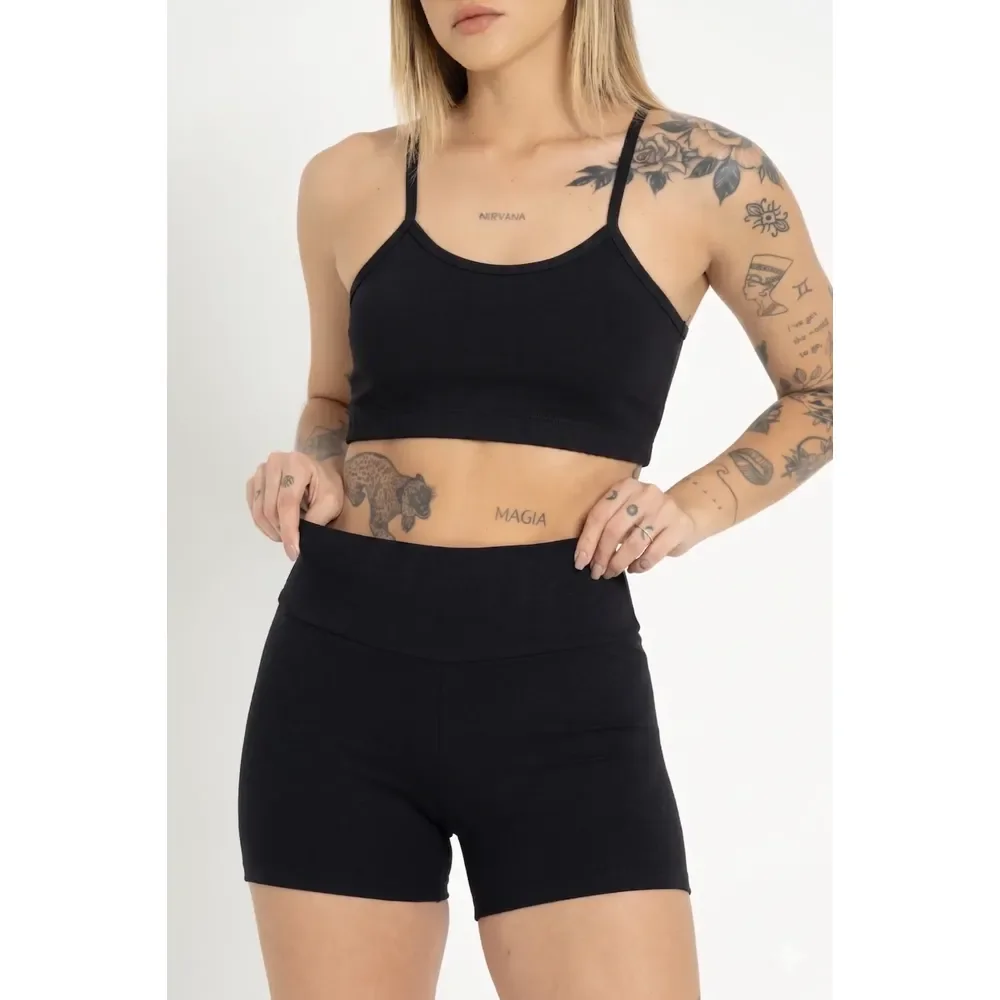 Conjunto Feminino Fitness Top Shorts Meia Coxa Cintura Alta Preto Liso P